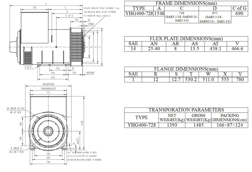 Генератор синхронный бесщёточный YHG-728 ( 728 кВт, 1500 об/мин) с AVR фото 3